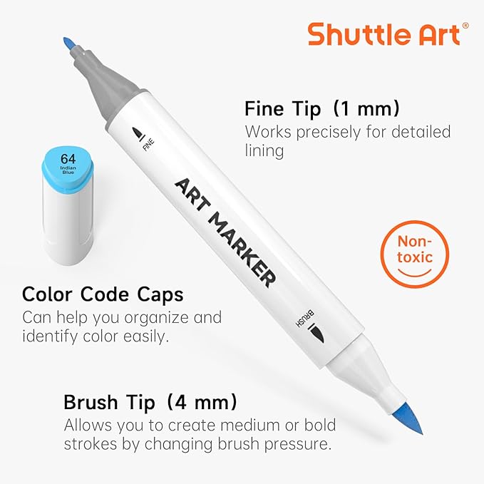 Shuttle Art Brush Tip Alcohol Markers, Dual Tip Brush & Fine Tip Art Marker Set, 89 Colors Marker Pens with Organized Case Perfect for Illustration Students Adults Coloring Sketching