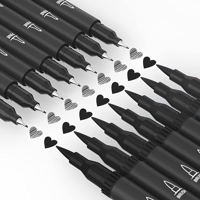 Drawing Pens, 12 Pack Dual Brush Pens Black Markers for Art Drawing Sketching