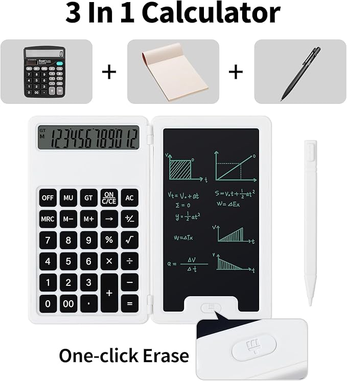 Desk Portable Basic Calculator, Small Mini Calculators with Writing Notepad and Stylus, More Lightweight and Portable, 12Digit Large Display Multi-Function for Office, School, Home & Financial (White)