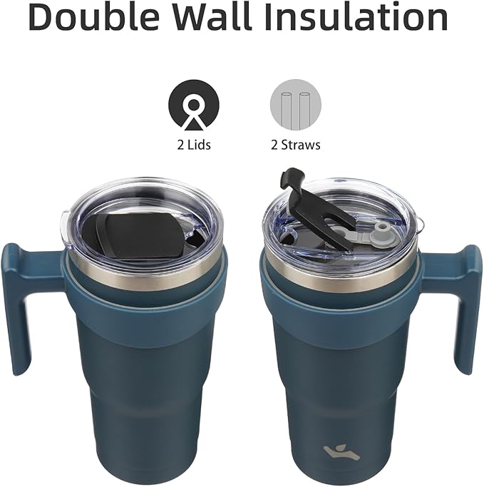 Konokyo 20 oz Tumbler with Handle and 2 Straw 2 Lid, Insulated Water Bottle Stainless Steel Vacuum Cup Reusable Travel Mug, Navy Blue