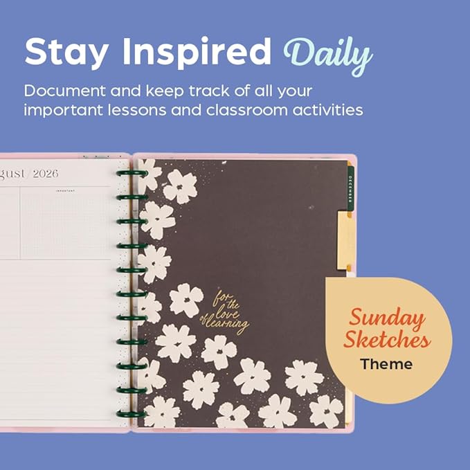 Happy Planner Disc-Bound 12-Month July 2026–June 2027 Academic Planner with 3 Extra Months, Big Size, 8.5" x 11", Teacher Layout, Sunday Sketches