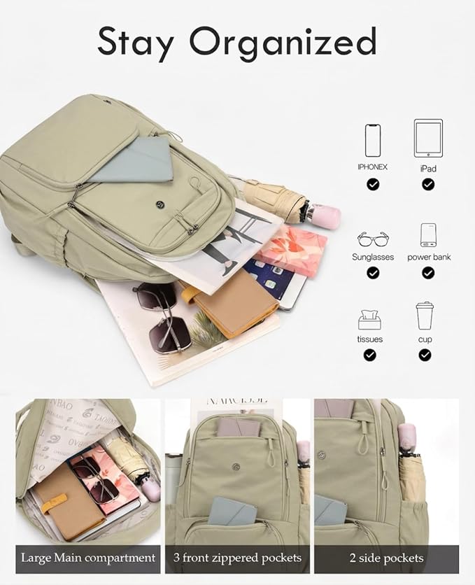 Foldable Backpack for Women, Lightweight Travel Backpack Purse Khaki | with Luggage Strap, Packable Causal Daypack, Chic Bookbag, Water-Resistant Gym School Backpack for Travel College Daily Use