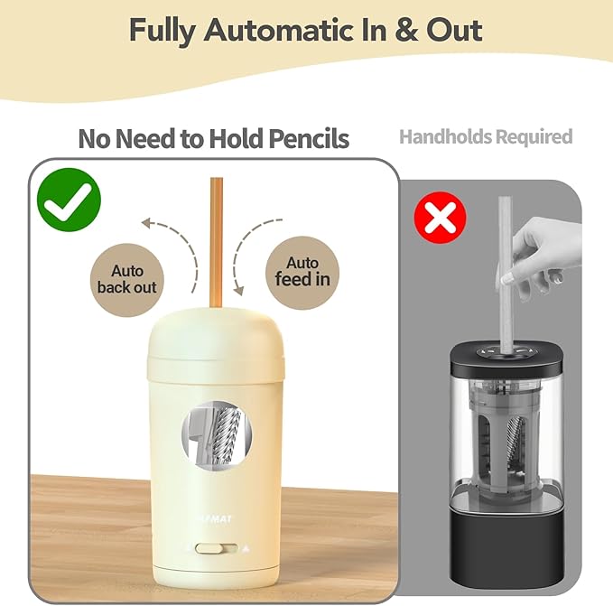 AFMAT Electric Pencil Sharpener, Fully Automatic Pencil Sharpener for 7-8mm Pencils & Colored Pencils, Auto in & Out, Rechargeable Vertical Hands-Free Sharpeners for Classroom/Home/Office PSX7(Beige)