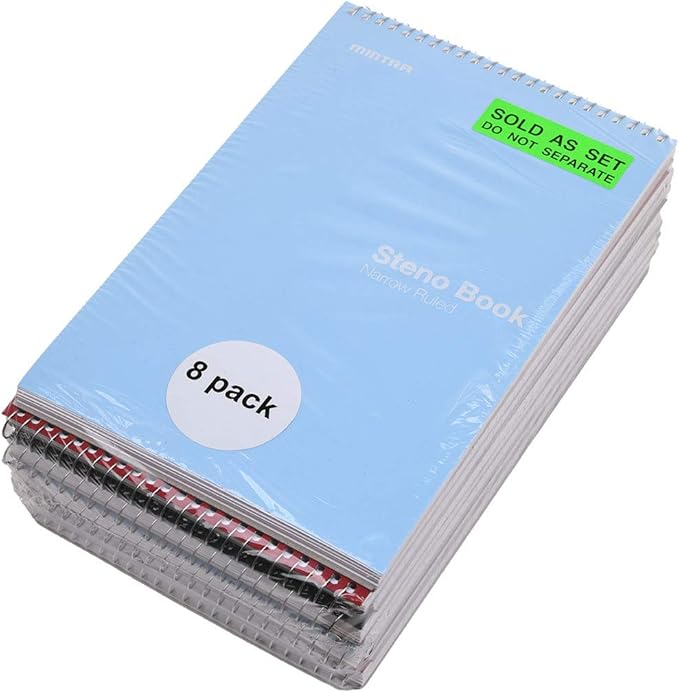 Mintra Office Steno Books Set - Top-Spiral Bound, Narrow Ruled, 100 White Tint Sheets, Poly Covered Notebooks for Office & School, Colorful Arctic Ice, Green Olive, Charcoal, Chili Oil, 6"x9", 8 Pack