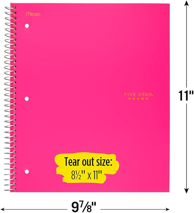 Five Star Spiral Notebook, 5 Subject, College Ruled Paper, 200 Sheets, 11" x 8-1/2", Pink (73519)