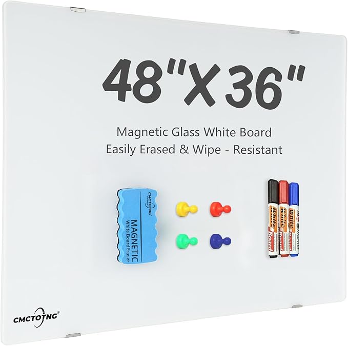 48"x36" Magnetic Glass Whiteboard, Frameless Wall Mounted Dry Erase Board, Anti Ghosting, Scratch Resistant, Complete Mounting Kit for Office, Classroom, Home
