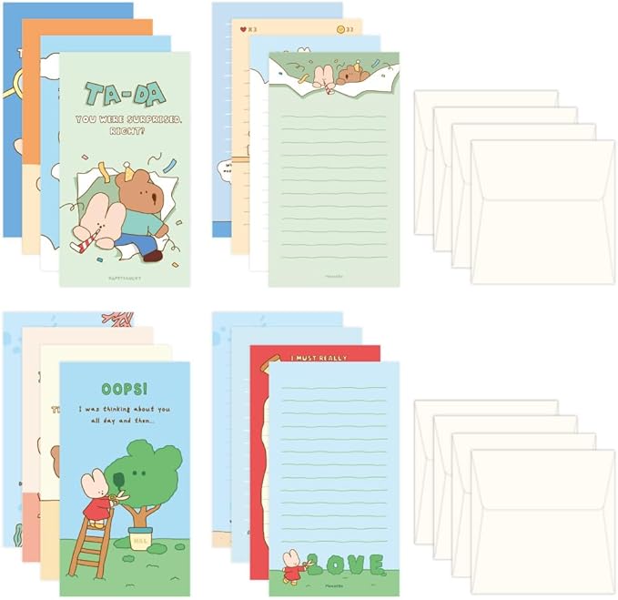 Monolike Happy and Lucky Littles Series.1 Mini Letter Paper and Envelopes Set - 8Type, 32 Letter Paper + 16 Envelopes