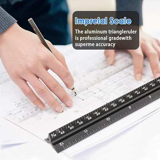 Architectural Scale Ruler, Triangular Architect Ruler 12 Inch Aluminum, Laser Etched Imperial Engineering & Drafting Tool