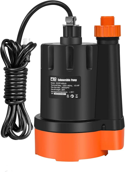 1/3 HP Submersible Water Pump, 2500GPH Utility Pump | Portable Electric Clean Water Drainage Pump for Pool Draining, Flooding, Swimming Pool and Basement