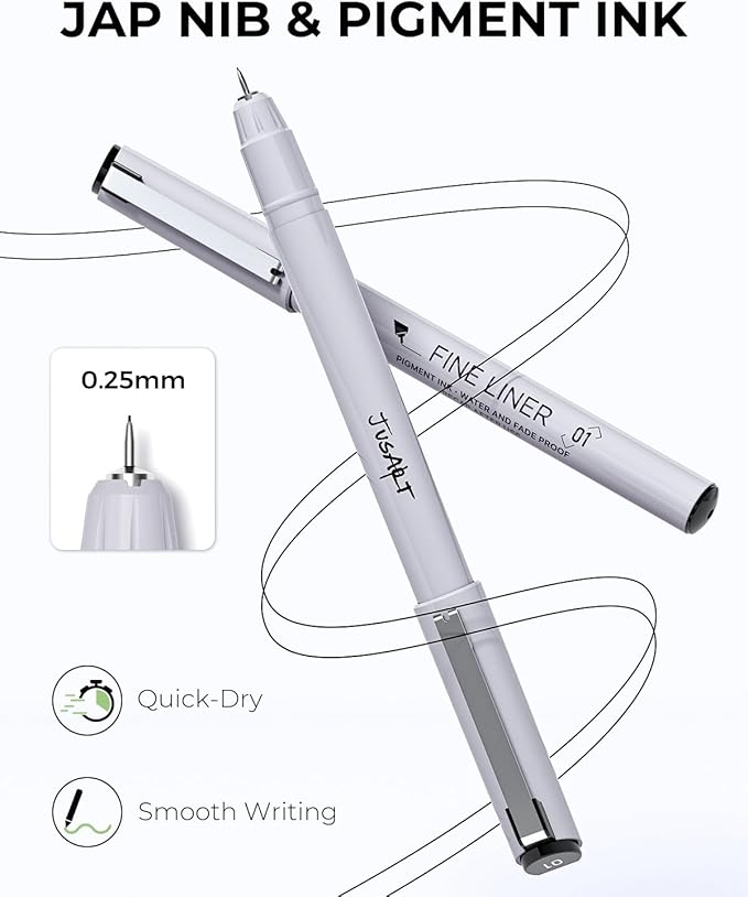 JusArt Fineliner Pens, 6 Pcs, 0.25mm Ultra Fine Point Pens 01, No Bleed, Waterproof Black Pigment Ink Pens for Artists, Beginners, Illustration, Writing, Journaling, Crafters, Technical Drawing Pens