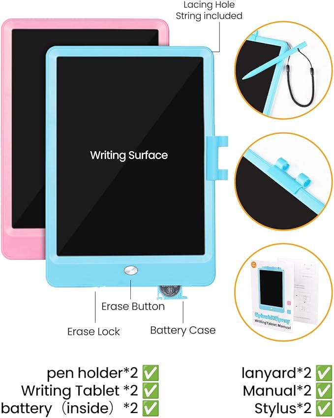 SplashNSpray Writing Tablet, 2pack LCD Drawing Tablet for Kids, Colorful Toddler Doodle Board, Erasable Reusable Electronic Drawing Pads, Educational and Learning Toy for 3+ Years Old Kids 8.5inch