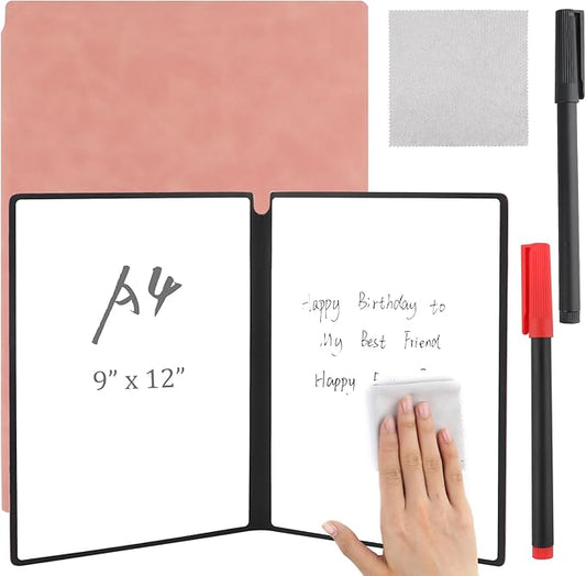 A4 Portable Whiteboard Notebook,12" x 9" Double Sided Dry Erase Board with Two Pens,Folding Reusable Writing Pad for Office Meetings,School,Planning,Travel,PU Cover(Pink)
