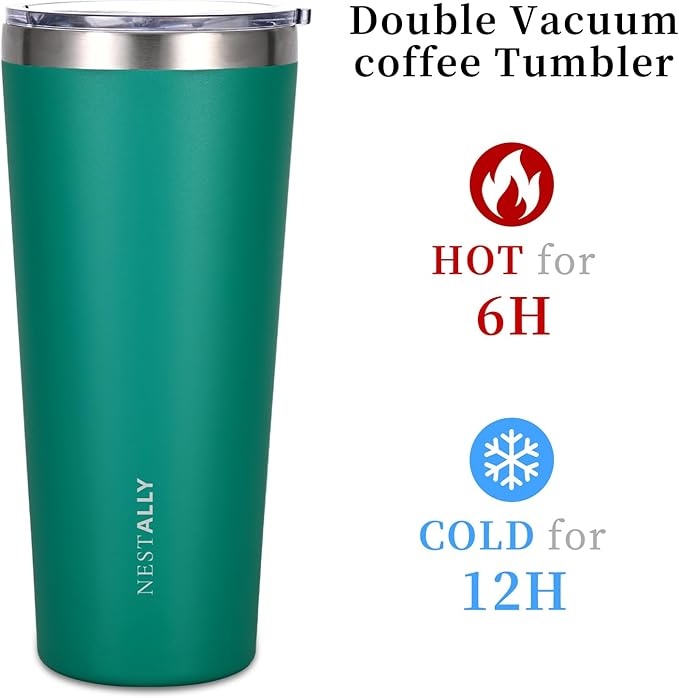 NESTALLY Coast 20oz Stainless Steel Tumbler, Extra Capacity Holds Up to 22oz, Double Wall Vacuum Insulated Travel Coffee Mug with Lid & Metal Straw, Leakproof Reusable Cup for Travel (Teal Green)