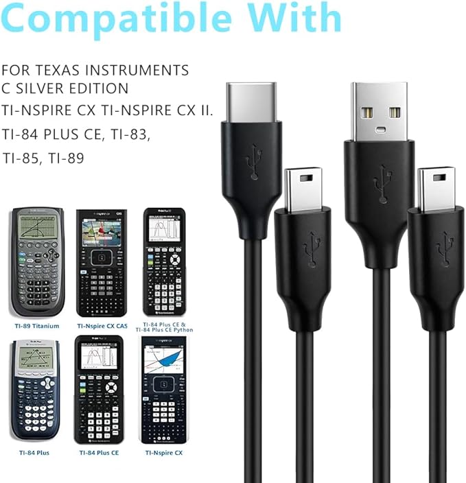 2 Pack USB & USB C Charger for TI 84 Plus CE, Data Cable for Texas Instruments Calculators TI-84 Plus CE/C Silver, TI 89 Titanium, TI Nspire CX/TI Nspire CX CAS -5ft