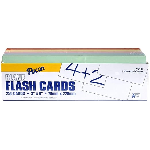 Pacon Blank Flash Cards, Assorted Colors, 3 x 9 Inches, Pack of 250