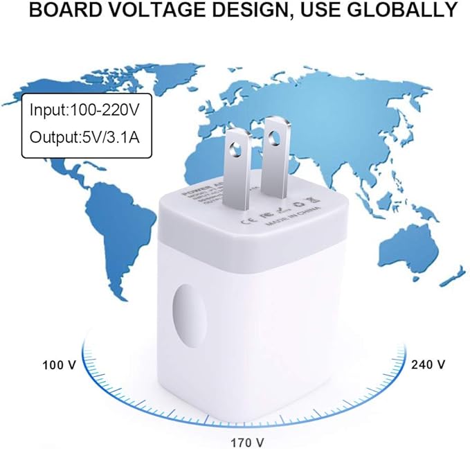3 Port Wall Charger, 5V 3.1A USB Plugs, MultiPort Travel USB Wall Plug Home Charging Block Cube Compatible iPhone 13 12 11 Pro XS Max, Samsung Galaxy S22 S21 FE S10, Note 20 10,V35 THINQ Q7 G7