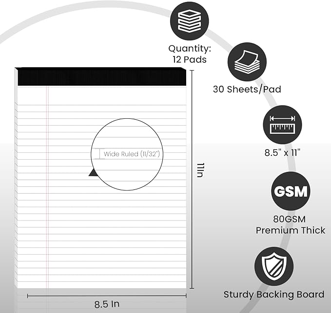 12pcs Legal Pads 8.5 x 11,Notepads 8.5 x 11 Inch, 30 Sheets/Pack, White Note Pads Clear Print Writing Pads of Paper, Perforate Wide Ruled Lined with Sturdy Back for Office, Business & School Supplies