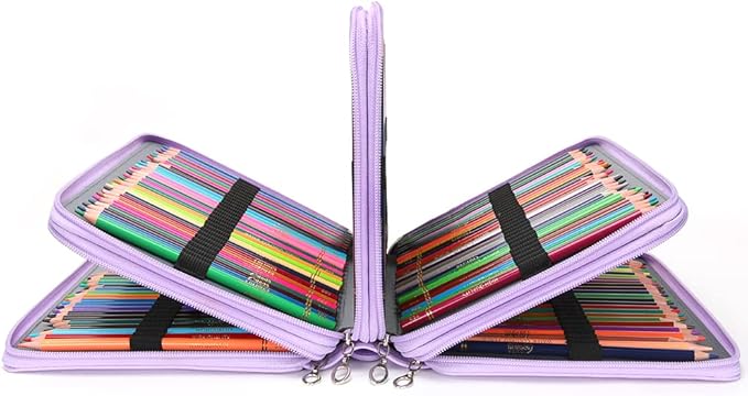 Vomgomfom 200 Slots Pencil Bag, 4-Layer Zipper Portable Art Supply Organizer, PU Leather Large Capacity Colored Pencil Case with Handle for 200 Watercolor Pens, Gel Pens (Purple)