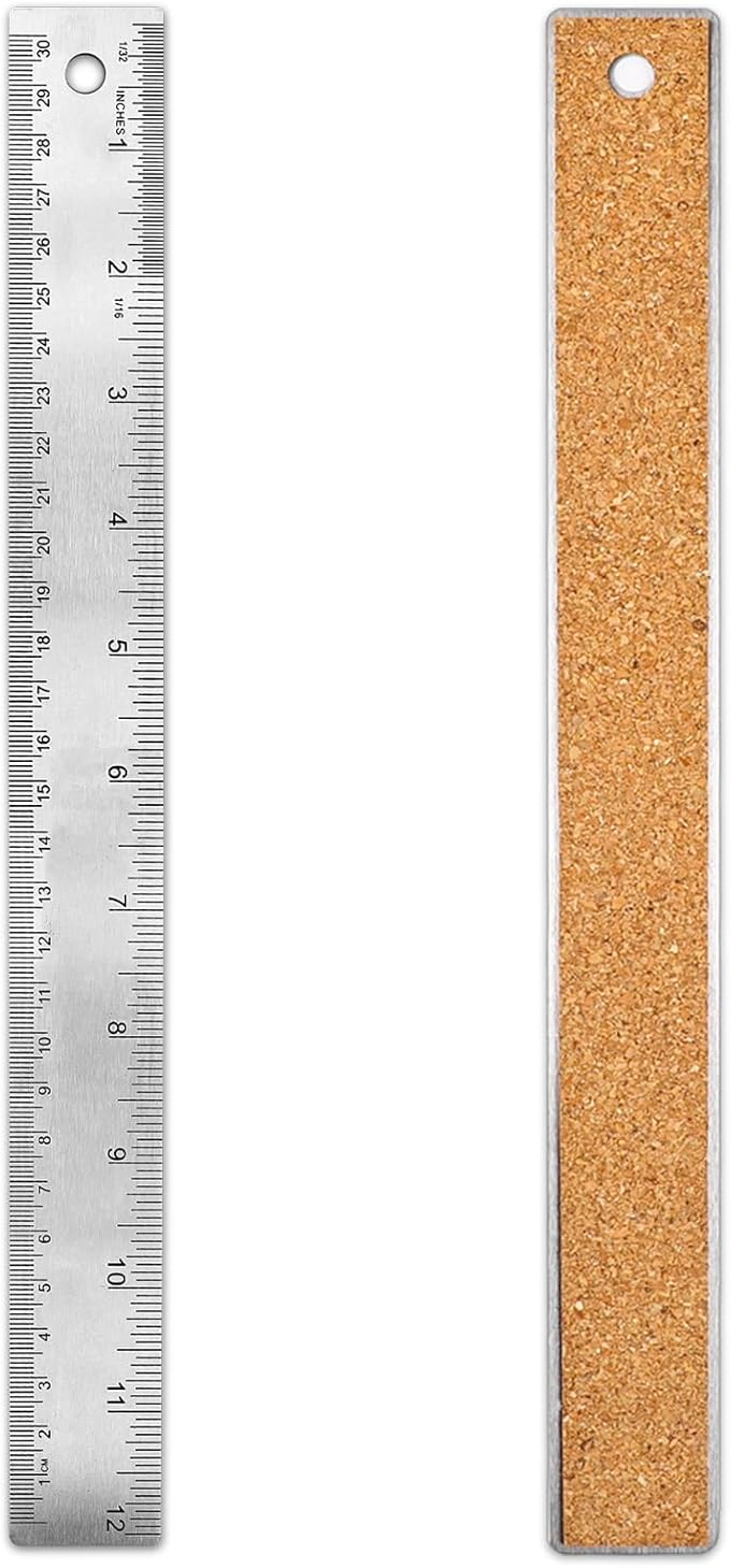 Stainless Steel 12 Inch Metal Ruler with Cork Backing - Non Slip Straight Edge Ruler with Inch and Centimeters for Students