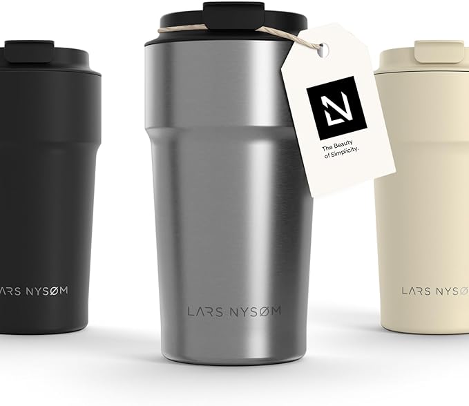 LARS NYSØM Thermo Coffee Mug to go 17oz | Travel Mug 0.5 Liter with Insulation | Leak Proof Stainless Steel Thermal Tumbler for Coffee and Tea on the Go (Stainless Steel, 17oz)
