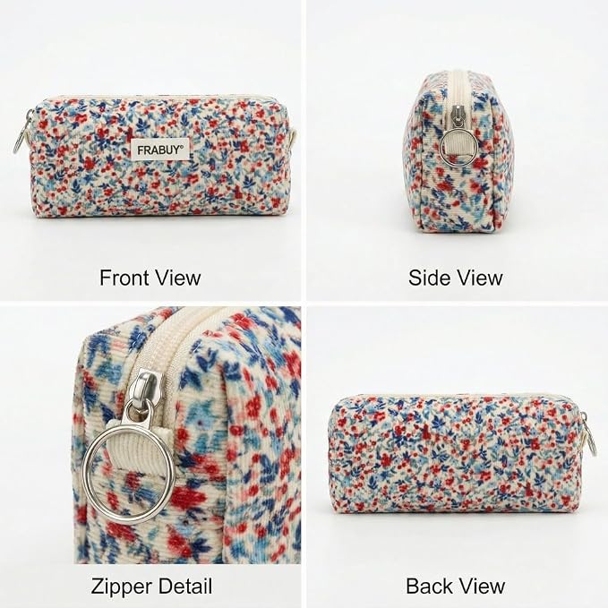 Soft Corduroy Pencil Case Pen Pouch Organizer, Small Stationery Bag | Cute beige small floral pencil pouch, smooth zipper, daily cosmetics holder, compact organizer for school teen girls, women