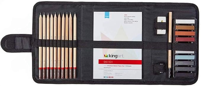 KINGART DRAWING & SKETCHING 25 pc. TRAVEL SET, Graphite, and Charcoal Pencils & Pastels plus Supplies, Art Drawing Kit for Adults, Teens, Beginner to Pro, Ideal for Shading, Blending, 25 pc.
