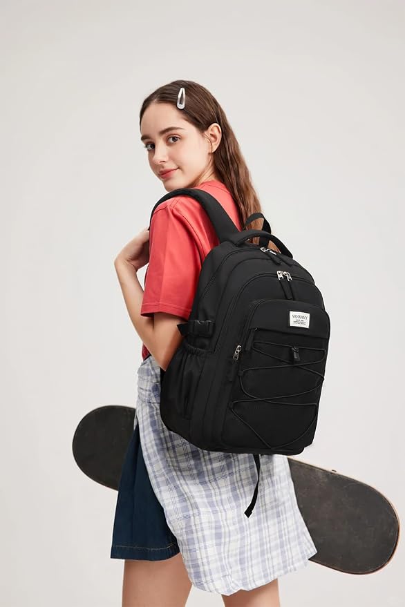 Black Backpack for Teens, Girls School Bookbag Aesthetic 17.3in Laptop Backpack for Commuter Women Students Middle High School, Black