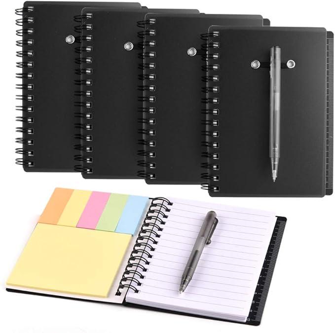 Coopay 4 Pieces Spiral Notebook Steno Pocket Notepad with Pen in Holder and Sticky Notes, Page Marker Index Tabs Flags Making Plans Writing Memos Office School Supplies (Black)