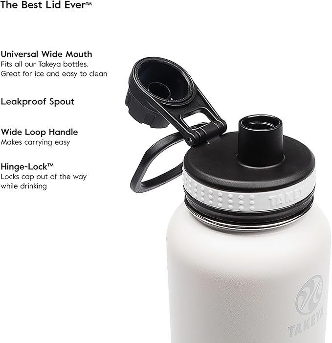 Takeya Originals 32 oz Vacuum Insulated Stainless Steel Water Bottle - Leakproof & BPA-Free Spout Lid - Keeps Drinks Cold 24 Hrs/Hot 12 Hrs - Double-Wall Design - Ideal for Active Lifestyles, White