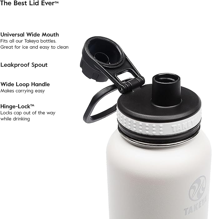 Takeya Originals 24 oz Vacuum Insulated Stainless Steel Water Bottle - Leakproof & BPA-Free Spout Lid - Keeps Drinks Cold 24 Hrs/Hot 12 Hrs - Double-Wall Design - Ideal for Active Lifestyles, White