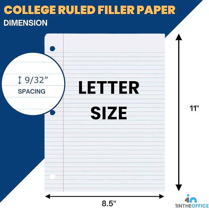 1InTheOffice Filler Paper College Ruled 8.5 x 11, 3-Hole Loose Leaf Binder Paper, Letter Size, (400/Pack)