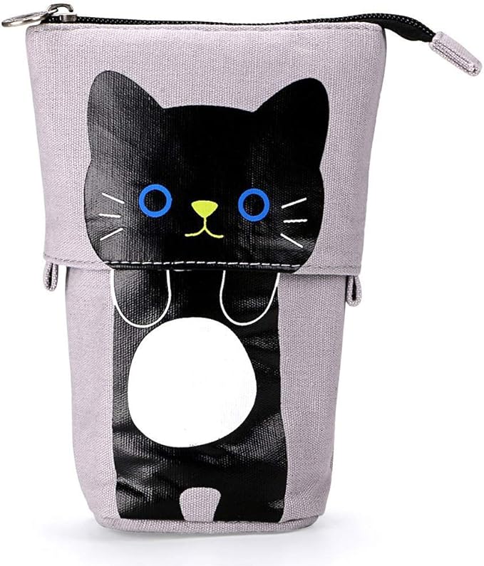 Telescopic Pencil Pouch Standing Pen Holder Cute Pencil Bags Stand Up Pen Case Cartoon Pencil/Pens Storage Box Canvas+PU Stationery Organizer Makeup Bag with Zipper Closure (Gray)