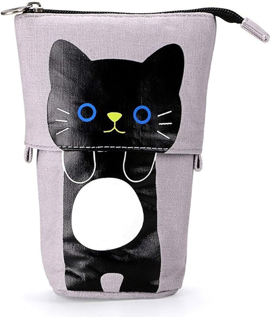 Telescopic Pencil Pouch Standing Pen Holder Cute Pencil Bags Stand Up Pen Case Cartoon Pencil/Pens Storage Box Canvas+PU Stationery Organizer Makeup Bag with Zipper Closure (Gray)