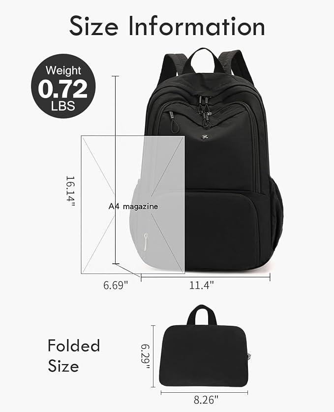 Foldable Backpack for Women, Lightweight Travel Backpack Purse Black | with Luggage Strap, Packable Causal Daypack, Chic Bookbag, Water-Resistant Gym School Backpack for Travel College Daily Use