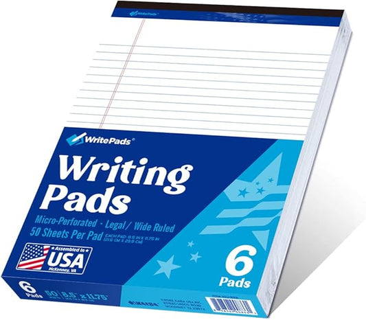 6 Pack Legal Note Pads Wide Ruled 8.5" x 11" Writing Pads (50 Sheets/Pad) White Recycled Paper Micro-Perforated Notepad Hard Back Notepads for Office & School Supplies - Made in USA