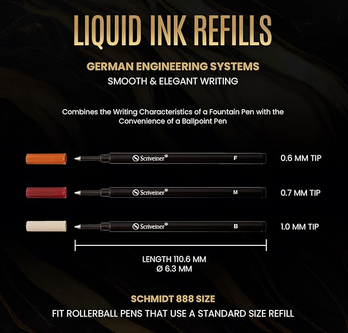 Scriveiner Rollerball Refill Black Fine - 4 Rollerball Refills Designed for Scriveiner Pens - Safety Ceramic Non Dry Roller Pen Refill F - Schmidt 888 Size – Made in Germany