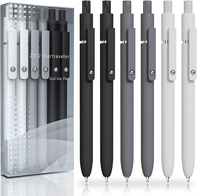 ACEES Gel Pens, 6 Pcs 0.5mm Fine Point Black Ink Pen With Smooth Writing, Office Desk Accessories, Writing Supplies Gifts for Men Women, Quick Dry Pens Ballpoint For Journaling, Black/Gray/White
