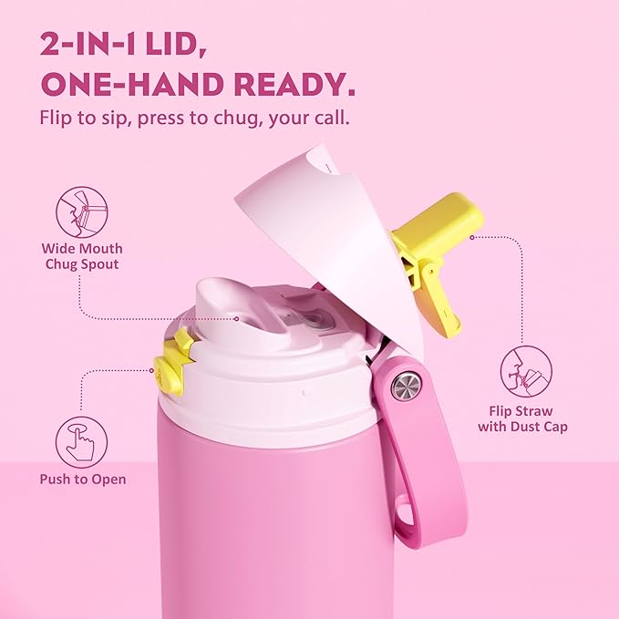 POWCAN 24 oz Steel Water Bottle: 2-in-1 Push-Button Spout & Quick-Flip Straw, Leakproof, Cold 24Hrs, Fits Car Cup Holder, Insulated Cup for Sports, Travel, School, Gift for Women, Girls (Rose Slumber)