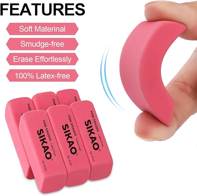 Pink Erasers, 12 Pack Pencil Erasers for Kids – Latex-Free & Smudge-Free Beveled Rubber Erasers for School Supplies, Classroom, Art & Homework