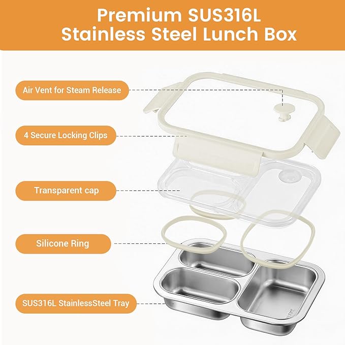 Premium 25oz SUS316L Stainless Steel Lunch Box Bento Box - Reusable Metal Snack Containers with Lids for Kids & Adults - Daycare/School/Work/Travel - Superior Corrosion-resistant (Beige)