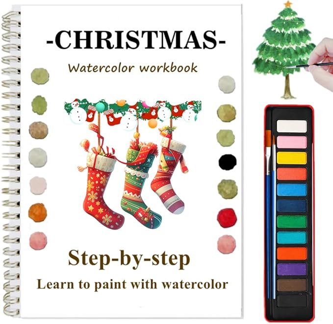 Watercolor Workbooks with Sketches, Beginner Friendly Water Coloring Book Watercolor Paint Set Art Crafts Painting Kit Gift for Adults, Any Level Artist (Christmas, with Paint Set)
