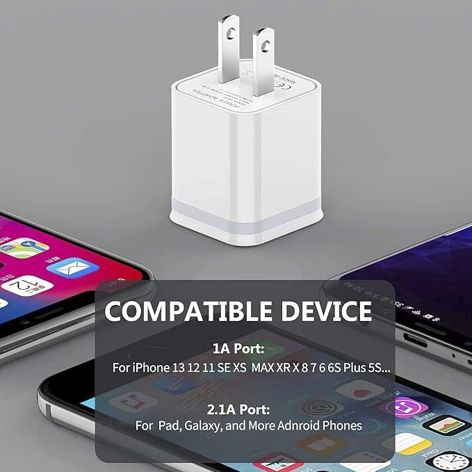 USB Wall Charger, 5-Pack 2.1A/5V Dual Port USB Cube Power Adapter Charger Plug Charging Block Replacement for iPhone Xs/XR/X, 8/7/6 Plus, Samsung, HTC, LG, Moto, Android Phones