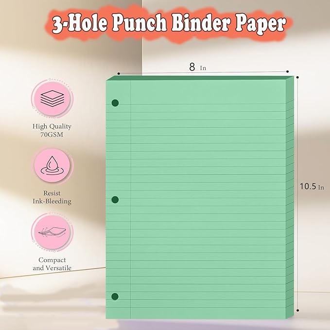 Loose Leaf Paper, 300 Sheets, Wide Ruled, 8" x 10.5", 6 Pack, 70gsm Notebook Paper Filler Sheets, 3 Hole Punched, 50 Sheets/Pack, Wide Ruled Office Filler Writing Notepads for 3 Ring Binder, Green