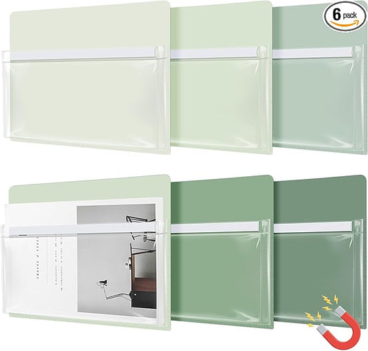 Fuutreo 6 Pcs Magnetic File Holder Colorful Magnetic Pocket Storage Pouch Paper Holder 12 x 9.5 Inch Magnet Pen Dry Erase Marker Organizer for Whiteboard Refrigerator Locker(Sage Green,Horizontal)