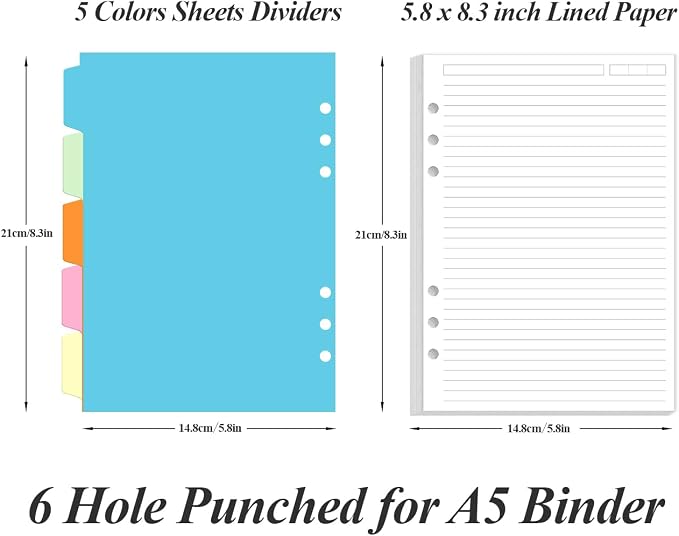 A5 Refill Paper - 6 Hole Planner Inserts for A5 Binder, 200 Pages 6 Ring Loose Leaf Lined Paper with 5 Colorful Binder Dividers, 5.8" x 8.5"