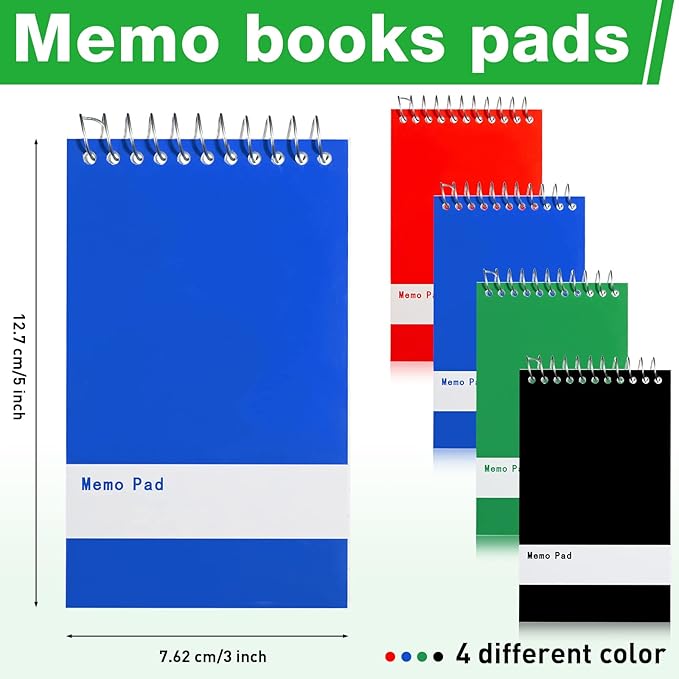Thenshop 200 Pads Spiral Memo Pads Bulk 3 x 5 Inch Small Pocket Notepad Top Bound Lined 60 Sheets Mini Notebooks for School College Office Home Supplies (Black,Green,Dark Blue,Red)