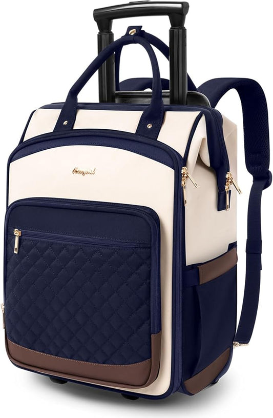 Rolling Backpack for Women, Travel Backpack with Wheels, Vertical Storage Wheeled Laptop Backpack, Backpack on Wheels for College Business Work Overnight, Stylish Rolling Laptop Bag, Navy Blue