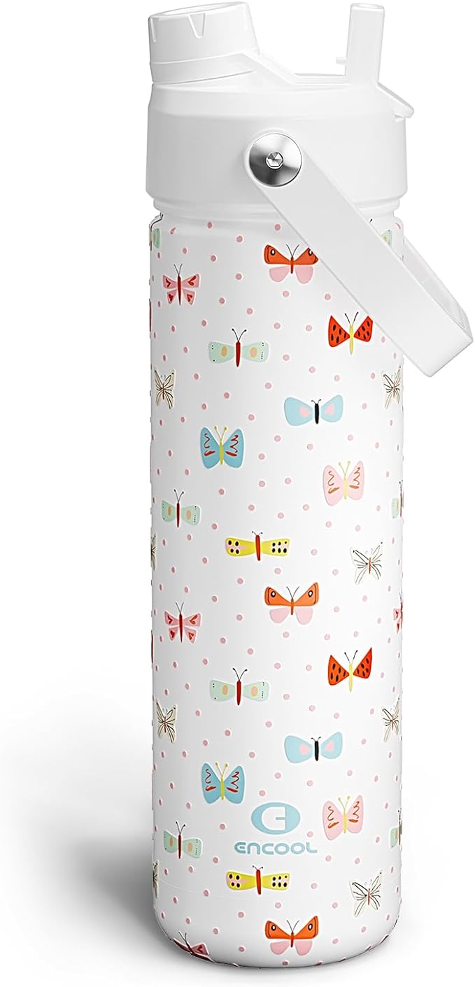 ENCOOL Insulated Water Bottle with Straw Stainless Steel Water Bottle, Leak-Proof, BPA-Free, Double Wall Vacuum Keeps Cold for 24 Hours for Sports, Travel, School (26 oz, Cute Butterfly)