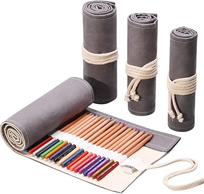 DIYOMR 24/36/72 Slots Pencil Wrap Pencil Rolls, Artist Colored Pencils Roll Up Bag Short Brushes Pouch Case Pencils Organizer for Drawing Coloring and Sketching (Grey, 24slots)