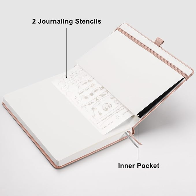 RETTACY Dotted Journal Notebook, 192 Pages, A5 Medium Size (5.7'' x 8.3''), Leather Hardcover, 100 GSM Thick Paper, for Journaling, Planning, Tracking (Rose Gold)